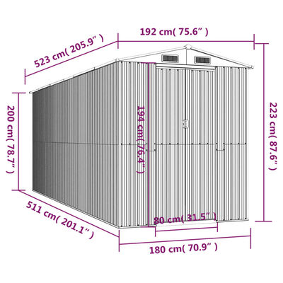 vidaXL Trädgårdsskjul ljusgrå 192x523x223 cm galvaniserat stål