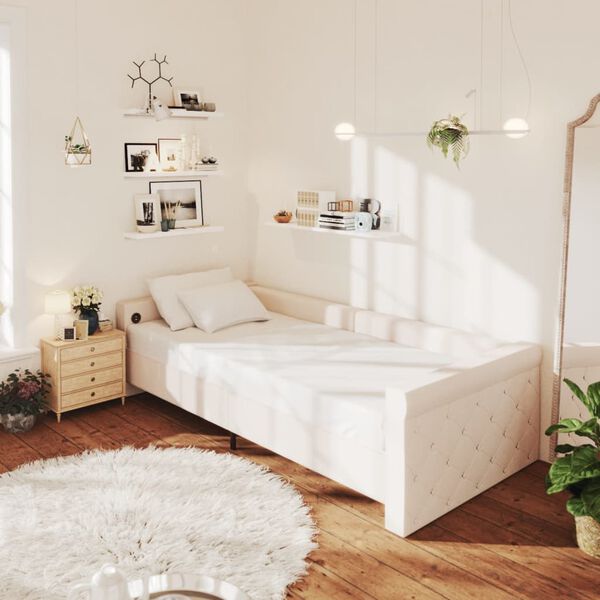 vidaXL Dagb&auml;dd med madrass USB gr&auml;ddvit tyg 90x200 cm