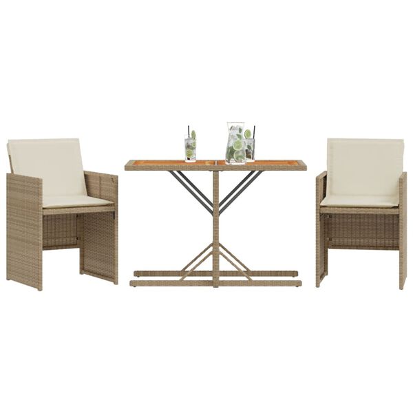 vidaXL Bistrogrupp med dynor 3 delar beige konstrotting