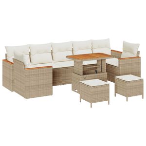 vidaXL Tr&auml;dg&aring;rdsoffset med kudde 10 pcs Beige Poly rattan