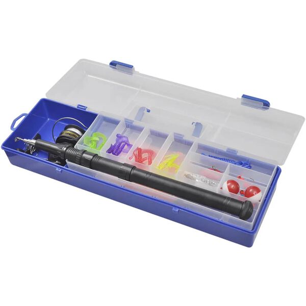 62 delars Fiskeset med teleskopsp&ouml;, rulle och fiskeh&aring;v 1,6 m