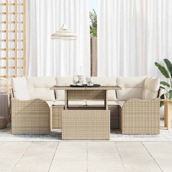 vidaXL Trädgårdsoffset med kudde 7 pcs Beige Poly rattan
