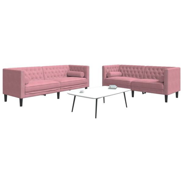vidaXL Soffgrupp chesterfield 2 delar bolsterkuddar rosa sammet