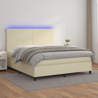 vidaXL Ramsäng med madrass & LED gräddvit 180x200 cm konstläder