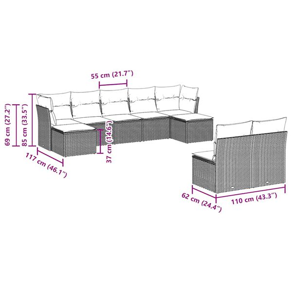 vidaXL Loungegrupp f&ouml;r tr&auml;dg&aring;rden m dynor 9 delar svart konstrottning