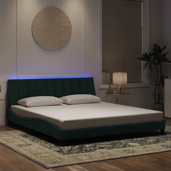 vidaXL Bed Frame with LED without Mattress "Hanko" Dark Green 180x200 cm Velvet