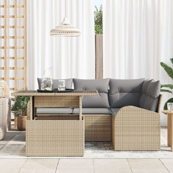 vidaXL Tr&auml;dg&aring;rdsoffset med kudde med lagring 5 pcs Beige Poly rattan