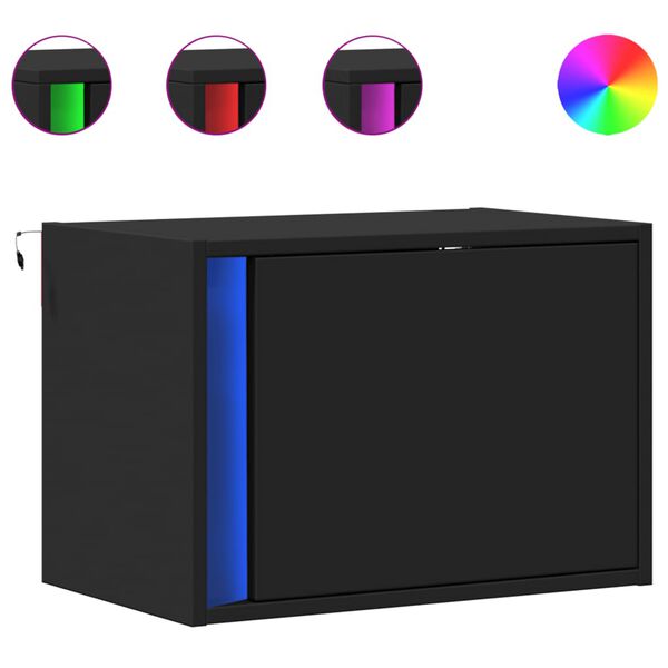 vidaXL Väggmonterat sängbord med LED-lampor svart