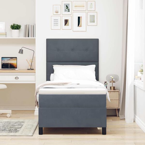 vidaXL B&auml;ddfj&auml;der med madrass med huvudgavel M&ouml;rkgr&aring; 90 x 190 cm tyg