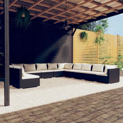 vidaXL Loungegrupp för trädgården m. dynor 11 delar konstrotting svart