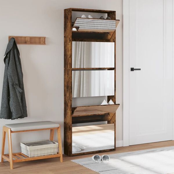 vidaXL Skoskåp med spegel 5 skåp rökfärgad ek 63x17x169,5 cm