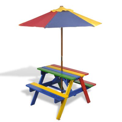 vidaXL Picknickbord med bänkar och parasoll för barn flerfärgad trä