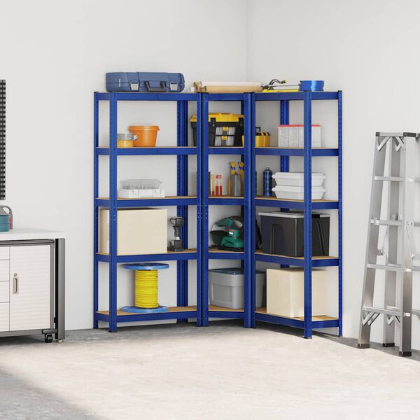 vidaXL Hyllplanssats 3 st bl&aring; st&aring;l & konstruerat tr&auml; 5 hyllplan