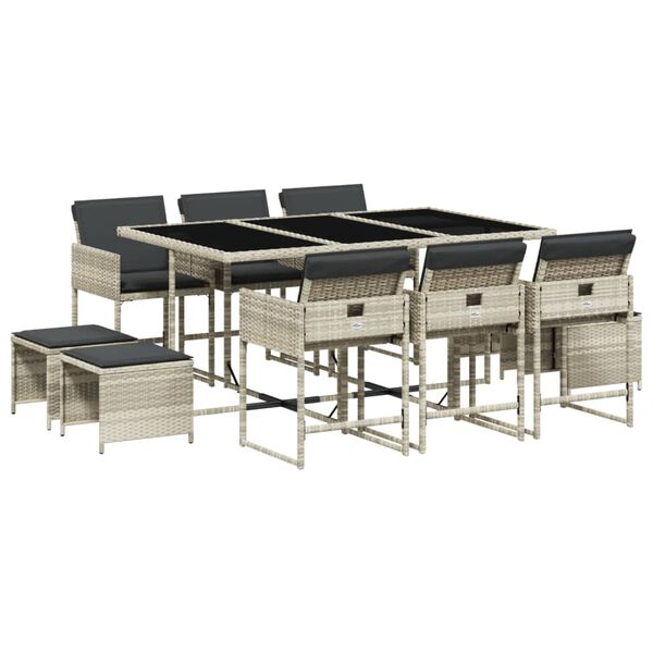 vidaXL Matgrupp f&ouml;r tr&auml;dg&aring;rden med dynor 11 delar ljusgr&aring; konstrotting