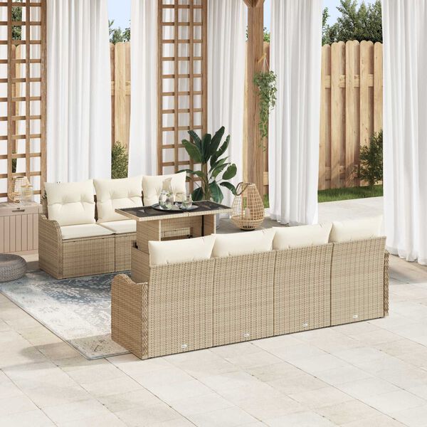 vidaXL Tr&auml;dg&aring;rdsoffset med kudde med lagring 8 pcs Beige Poly Rattan