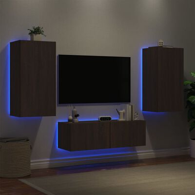 vidaXL Väggmonterade tv-skåp 3 delar med LEDs brun ek