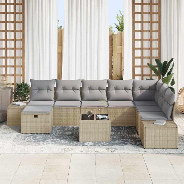 vidaXL Tr&auml;dg&aring;rdsoffset med kudde 9 pcs Beige Poly rattan