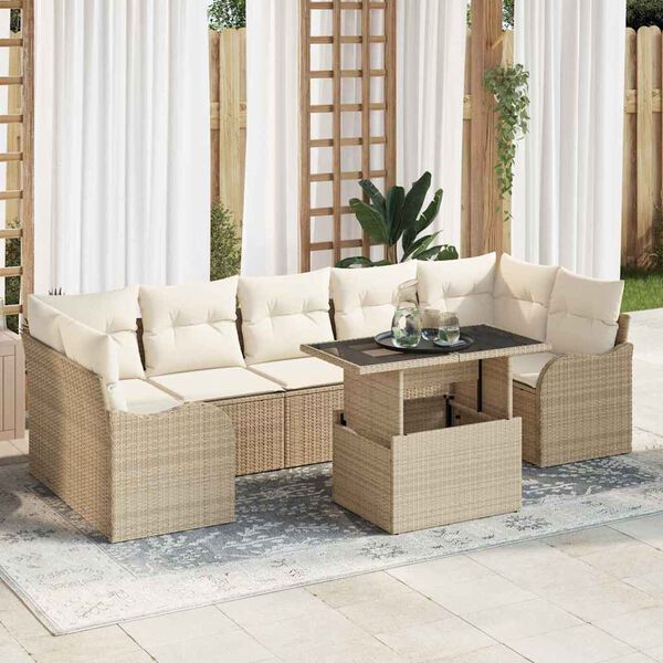 vidaXL Tr&auml;dg&aring;rdsoffset med kudde med lagring 8 pcs Beige Poly rattan