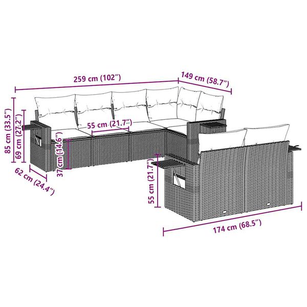 vidaXL Tr&auml;dg&aring;rdssoffset med dynor 7 delar ljusgr&aring; konstrotting