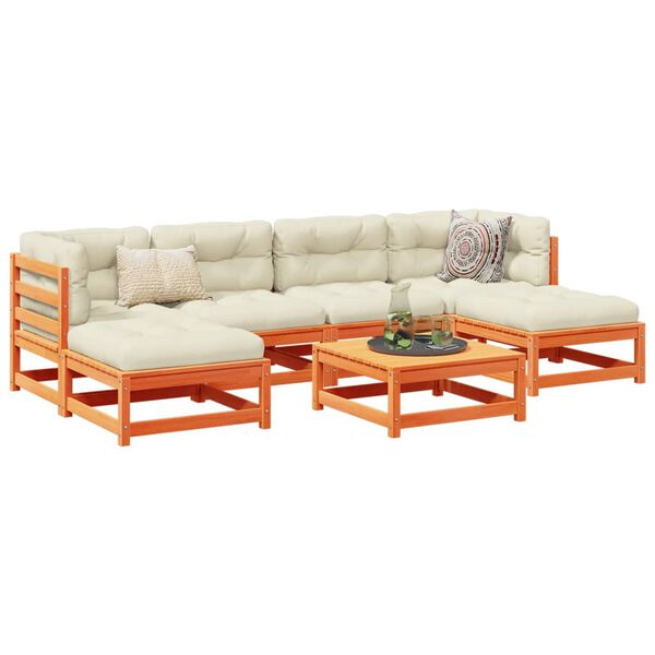 vidaXL Soffgrupp för trädgården med dynor 7 delar vaxbrun massiv furu