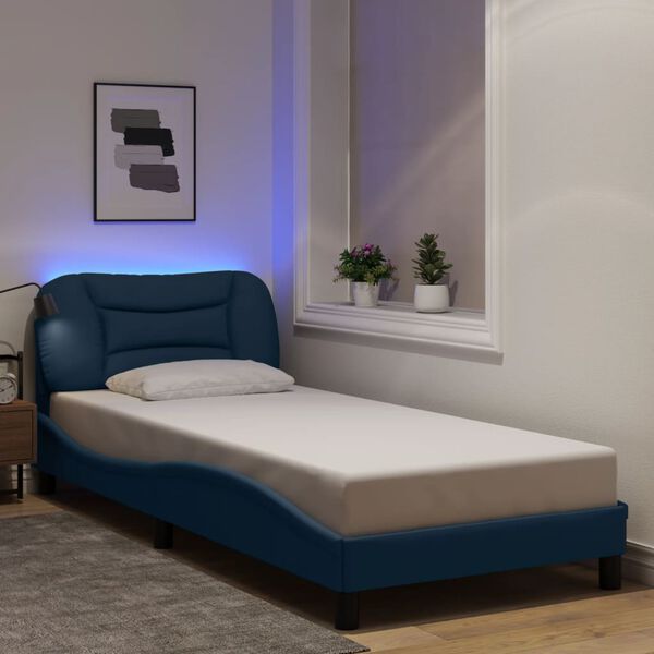 vidaXL Bed Frame with LED without Mattress "Hvar" Blue 90x190 cm Fabric