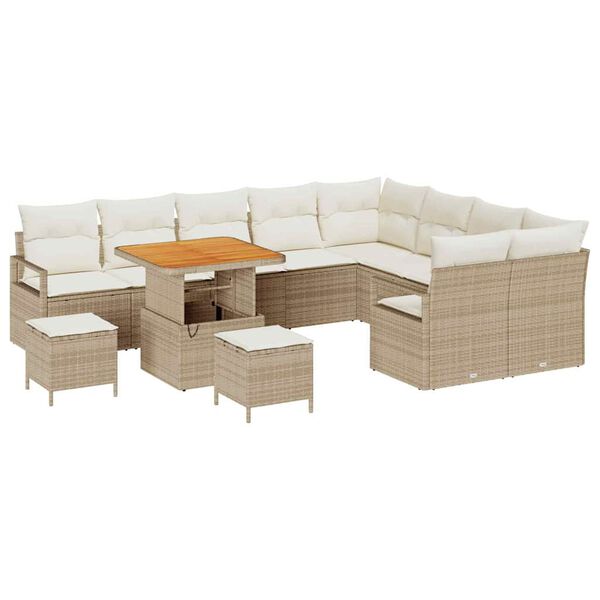 vidaXL Tr&auml;dg&aring;rdsoffset med kudde 12 pcs Beige Poly rattan