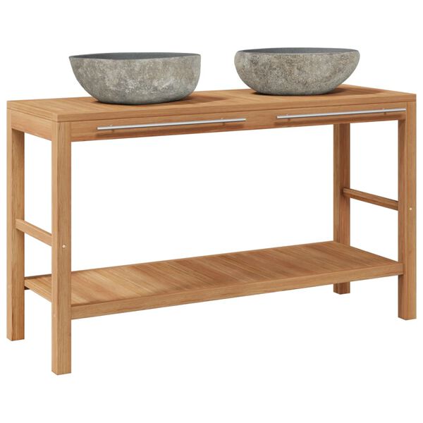 vidaXL Badrumsunderskåp massiv teak med handfat i flodsten