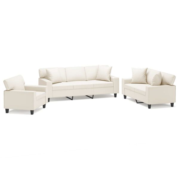 vidaXL Soffgrupp med kuddar&dynor 3 delar gr&auml;ddvit konstl&auml;der