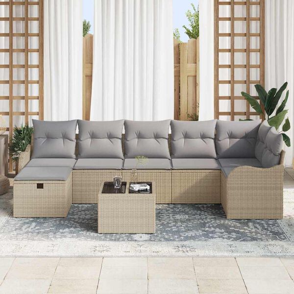 vidaXL Tr&auml;dg&aring;rdsoffset med kudde med lagring 8 pcs Beige Poly rattan