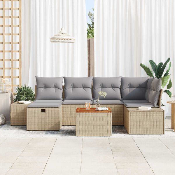 vidaXL Trädgårdsoffset med kudde med lagring 7 pcs Beige Poly rattan