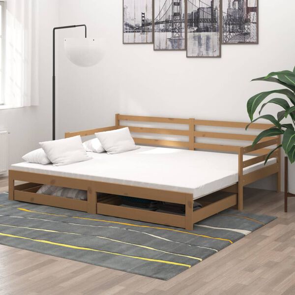 vidaXL Dagb&auml;dd utdragbar 2x(90x200) cm honungsbrun massiv furu