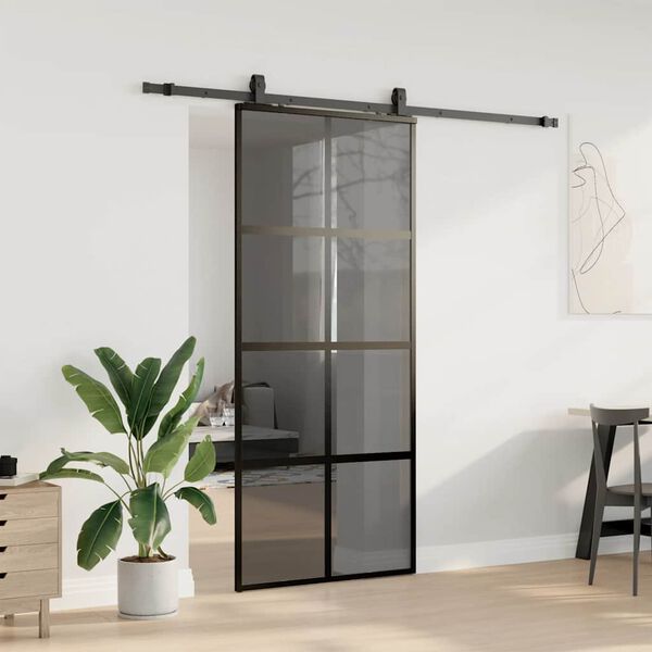 vidaXL Skjutd&ouml;rr med beslagssats svart 90x205 cm h&auml;rdat glas