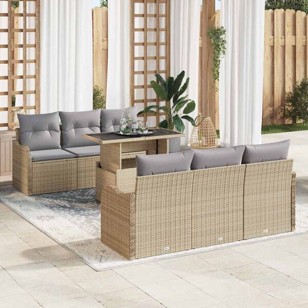 vidaXL Tr&auml;dg&aring;rdsoffset med kudde med lagring 7 pcs Beige Poly rattan