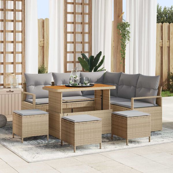 vidaXL Tr&auml;dg&aring;rdsoffset med kudde 9 pcs Beige Poly rattan