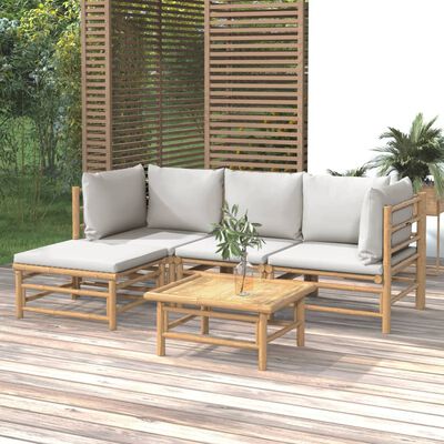 vidaXL Loungegrupp för trädgården 5 delar ljusgråa dynor bambu