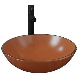 vidaXL Handfat med kran och tryckavlopp brunt h&auml;rdat glas