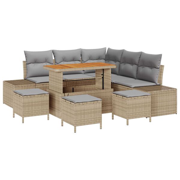 vidaXL Tr&auml;dg&aring;rdsoffset med kudde 9 pcs Beige Poly rattan
