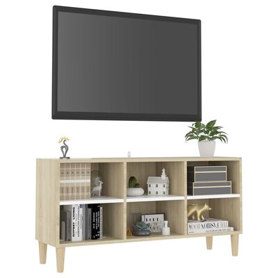 vidaXL TV-bänk med massiva ben vit och sonoma-ek103,5x30x50 cm