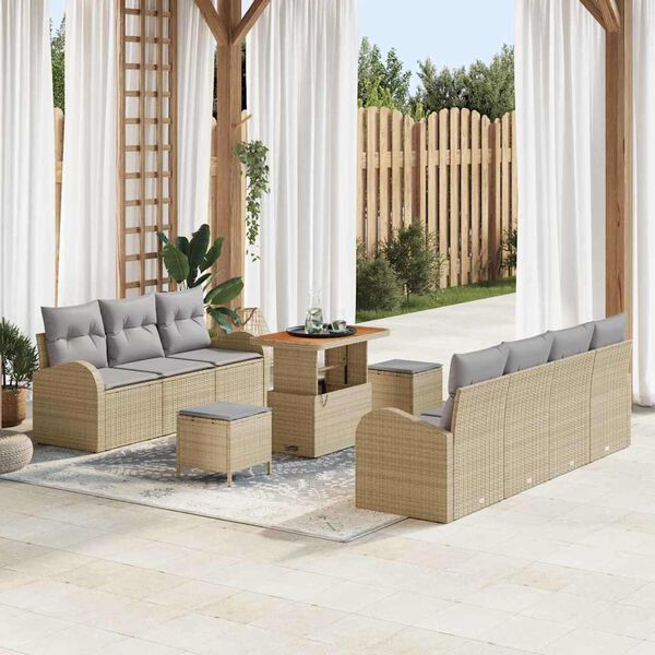 vidaXL Tr&auml;dg&aring;rdsoffset med kudde 10 pcs Beige Poly rattan