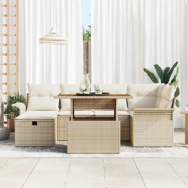 vidaXL Tr&auml;dg&aring;rdsoffset med kudde med lagring 7 pcs Beige Poly rattan