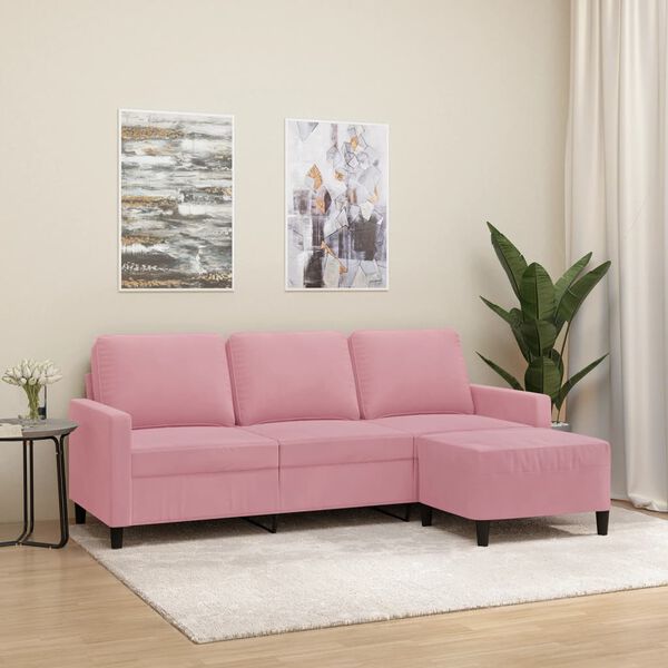 vidaXL 3-sitssoffa med fotpall rosa 180 cm sammet