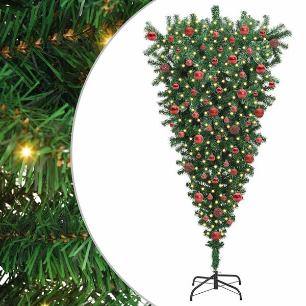 vidaXL Upp-och-ned konstgjord f&ouml;rbelyst julgran med bollset 180 cm PVC