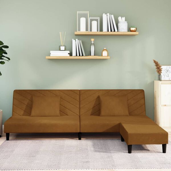 vidaXL B&auml;ddsoffa 2-sits med tv&aring; kuddar och fotpall brun sammet