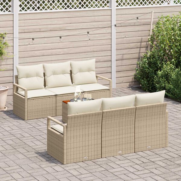 vidaXL Tr&auml;dg&aring;rdsoffset med kudde 7 pcs Beige Poly rattan
