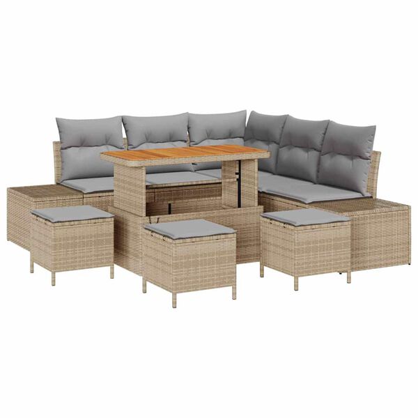 vidaXL Tr&auml;dg&aring;rdsoffset med kudde med lagring 9 pcs Beige Poly rattan