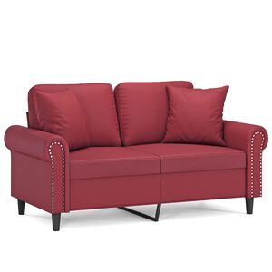vidaXL 2-sits soffa med prydnadskuddar vinr&ouml;d 120 cm konstl&auml;der