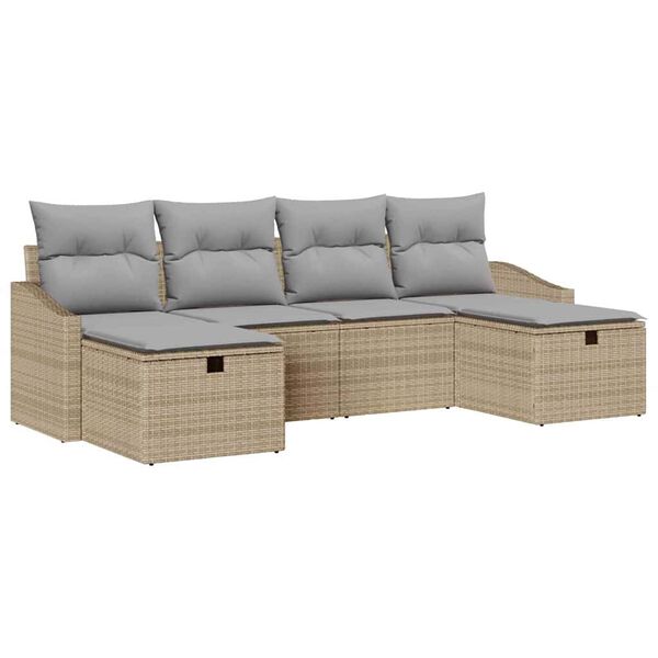 vidaXL Trädgårdsoffset med kudde 6 pcs Beige Poly rattan