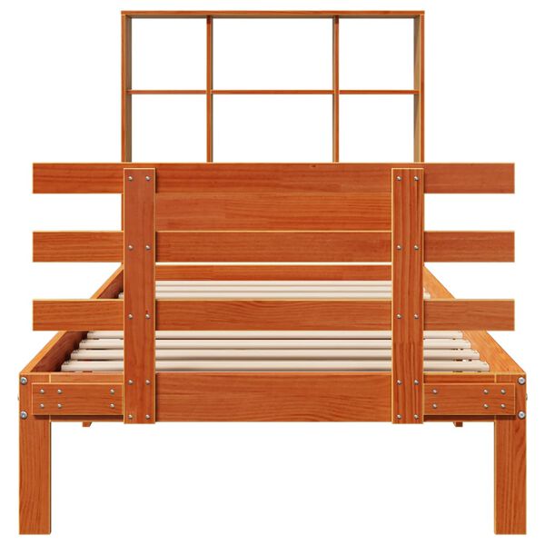 vidaXL Säng med bokhylla utan madrass vaxbrun 75x190 cm massiv furu