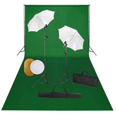 vidaXL Fotostudio med lampor, paraplyer, bakgrund och reflexskärm