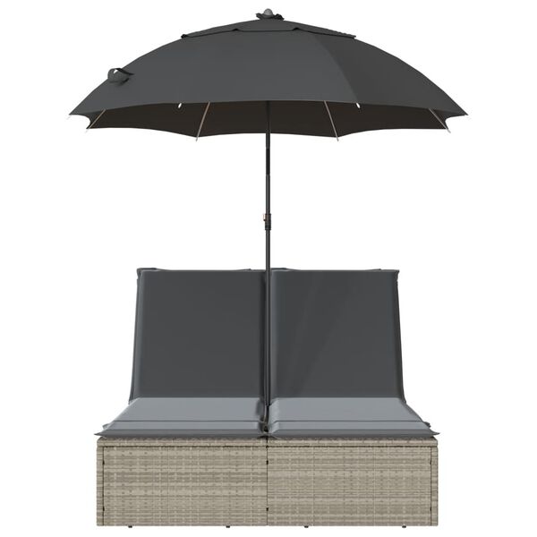 vidaXL Dubbel solsäng med dynor och parasoll ljusgrå konstrotting